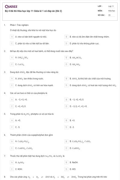 Bộ 4 Đề thi Hóa học lớp 11 Giữa kì 1 có đáp án (Đề 2)