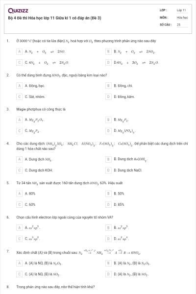 Bộ 4 Đề thi Hóa học lớp 11 Giữa kì 1 có đáp án (Đề 3)