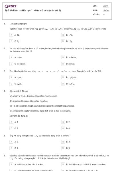 Bộ 5 Đề kiểm tra Hóa học 11 Giữa kì 2 có đáp án (Đề 2)