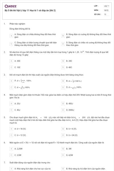 Bộ 5 Đề thi Vật Lí lớp 11 Học kì 1 có đáp án (Đề 2)