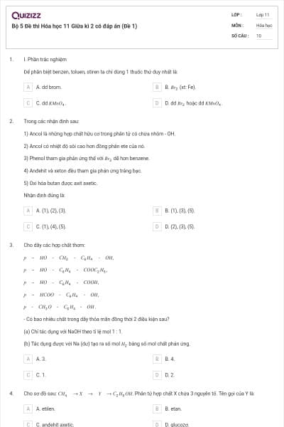Bộ 5 Đề thi Hóa học 11 Giữa kì 2 có đáp án (Đề 1)
