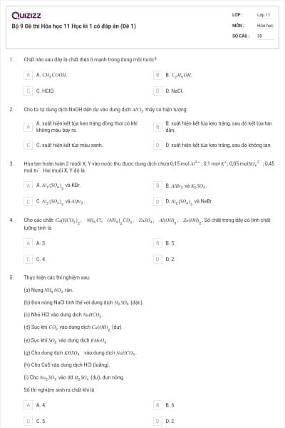 Bộ 9 Đề thi Hóa học 11 Học kì 1 có đáp án (Đề 1)