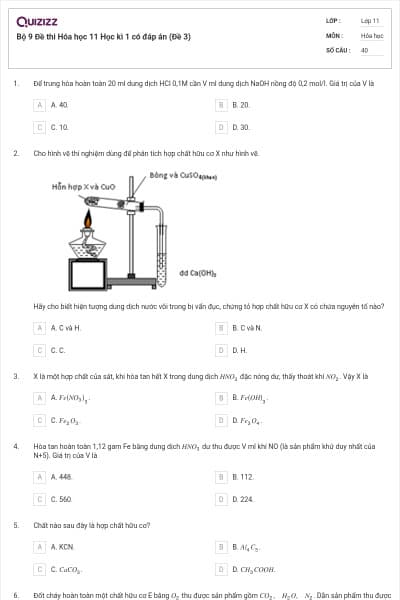 Bộ 9 Đề thi Hóa học 11 Học kì 1 có đáp án (Đề 3)