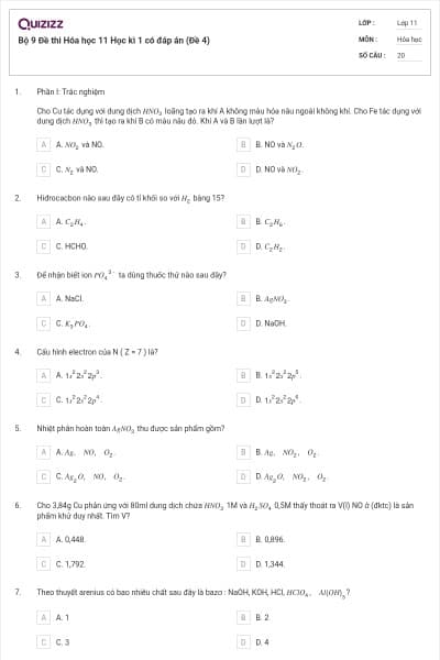 Bộ 9 Đề thi Hóa học 11 Học kì 1 có đáp án (Đề 4)