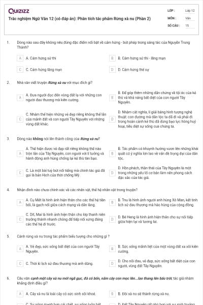 Trắc nghiệm Ngữ Văn 12 (có đáp án): Phân tích tác phẩm Rừng xà nu (Phần 2)