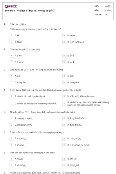 Bộ 9 Đề thi Hóa học 11 Học kì 1 có đáp án (Đề 7)