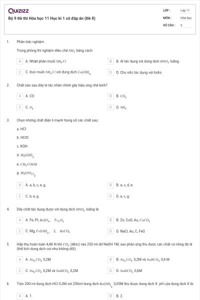 Bộ 9 Đề thi Hóa học 11 Học kì 1 có đáp án (Đề 8)