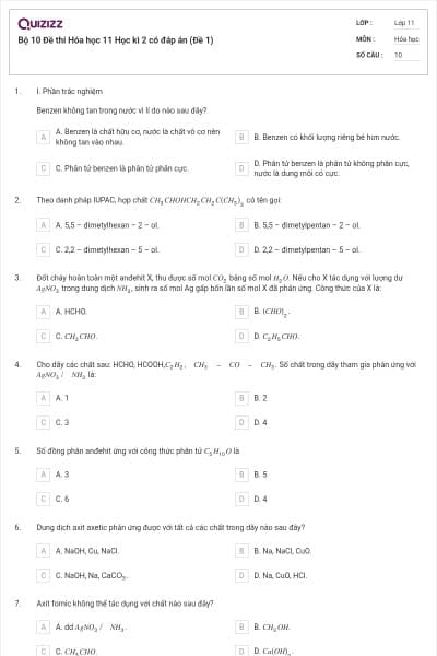 Bộ 10 Đề thi Hóa học 11 Học kì 2 có đáp án (Đề 1)