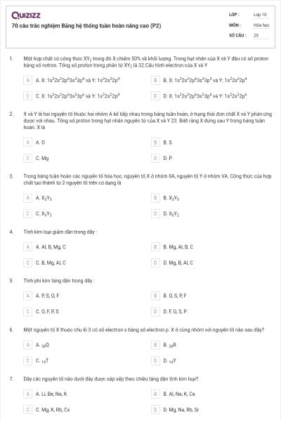70 câu trắc nghiệm Bảng hệ thống tuần hoàn nâng cao (P2)