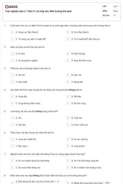 Trắc nghiệm Địa Lí 7 Bài 21 (có đáp án): Môi trường đới lạnh