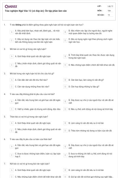 Trắc nghiệm Ngữ Văn 12 (có đáp án): Ôn tập phần làm văn