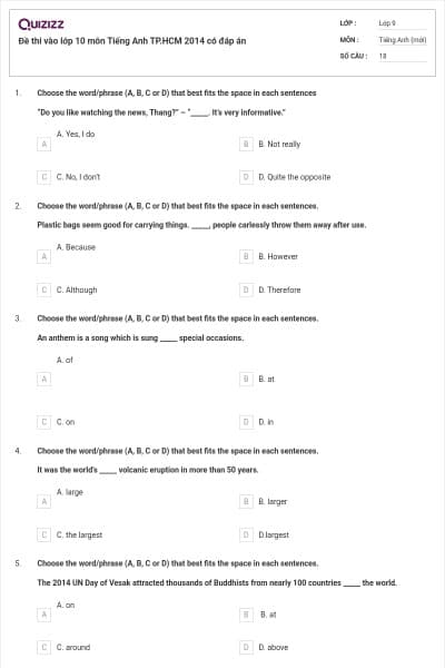Đề thi vào lớp 10 môn Tiếng Anh TP.HCM 2014 có đáp án