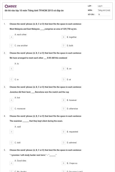 Đề thi vào lớp 10 môn Tiếng Anh TP.HCM 2015 có đáp án