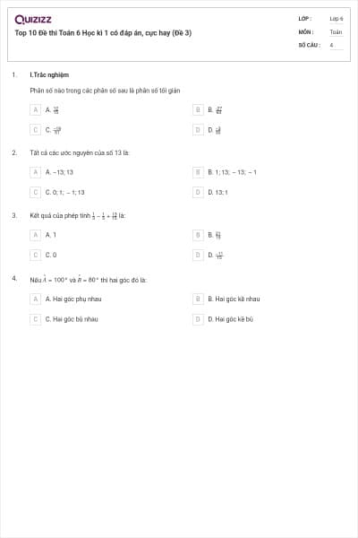 Top 10 Đề thi Toán 6 Học kì 1 có đáp án, cực hay (Đề 3)