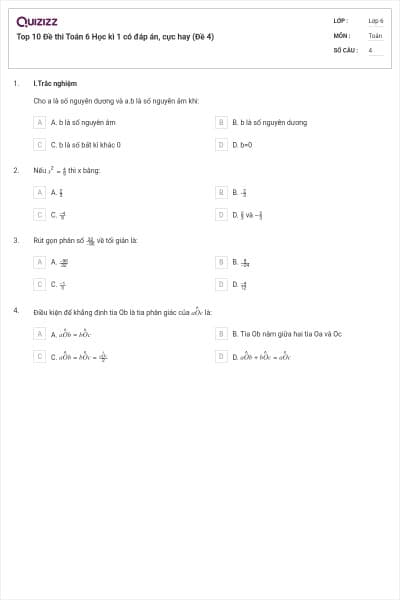 Top 10 Đề thi Toán 6 Học kì 1 có đáp án, cực hay (Đề 4)