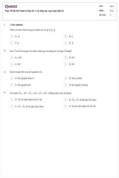 Top 10 Đề thi Toán 6 Học kì 1 có đáp án, cực hay (Đề 5)