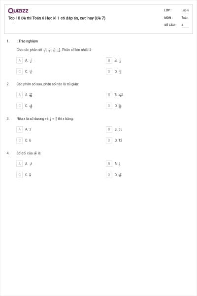 Top 10 Đề thi Toán 6 Học kì 1 có đáp án, cực hay (Đề 7)