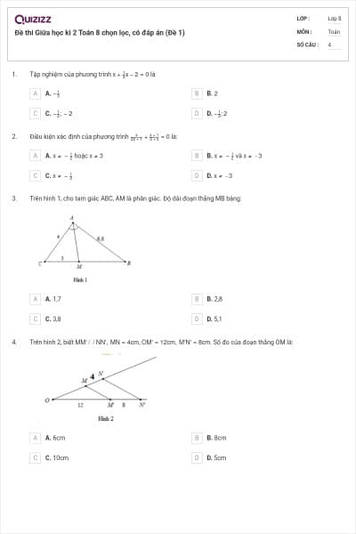 Đề thi Giữa học kì 2 Toán 8 chọn lọc, có đáp án (Đề 1)