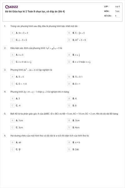Đề thi Giữa học kì 2 Toán 8 chọn lọc, có đáp án (Đề 4)