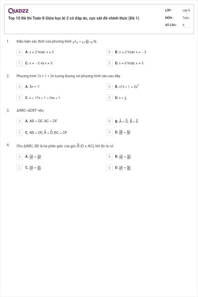Top 10 Đề thi Toán 8 Giữa học kì 2 có đáp án, cực sát đề chính thức (Đề 1)