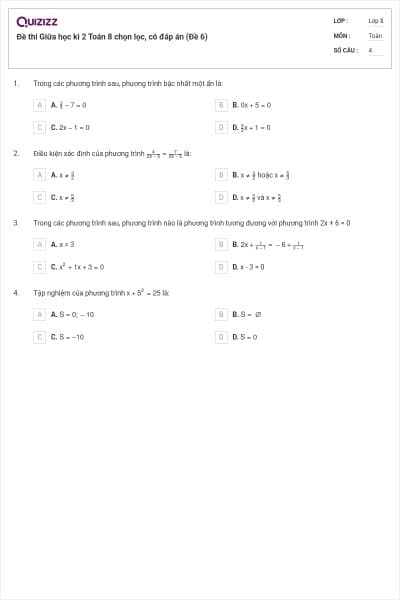 Đề thi Giữa học kì 2 Toán 8 chọn lọc, có đáp án (Đề 6)