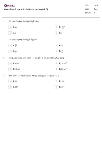 Đề thi Toán 8 Học kì 1 có đáp án, cực hay (Đề 5)