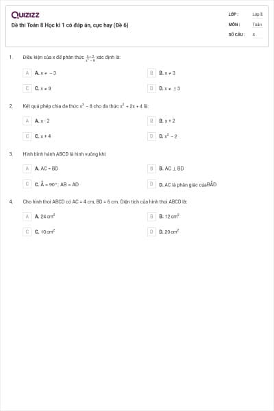 Đề thi Toán 8 Học kì 1 có đáp án, cực hay (Đề 6)