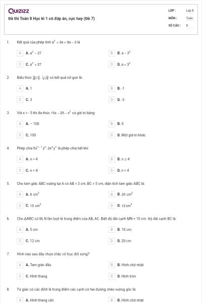 Đề thi Toán 8 Học kì 1 có đáp án, cực hay (Đề 7)
