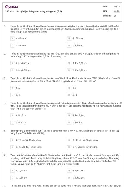 100 câu trắc nghiệm Sóng ánh sáng nâng cao (P2)