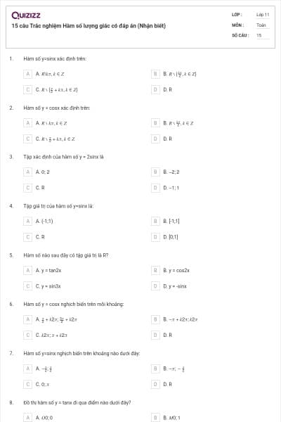 15 câu Trắc nghiệm Hàm số lượng giác có đáp án (Nhận biết)
