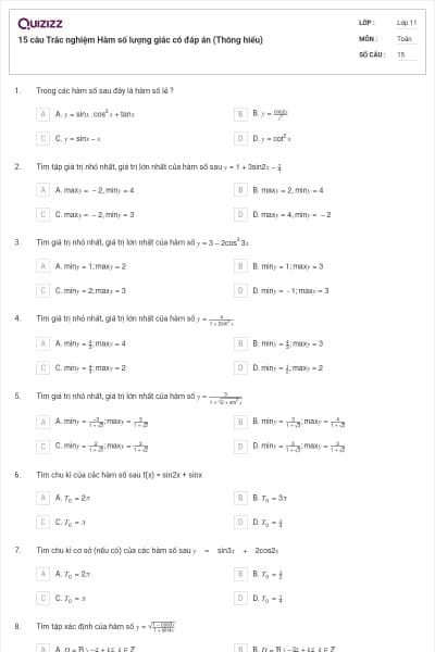 15 câu Trắc nghiệm Hàm số lượng giác có đáp án (Thông hiểu)