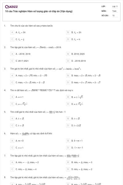 10 câu Trắc nghiệm Hàm số lượng giác có đáp án (Vận dụng)