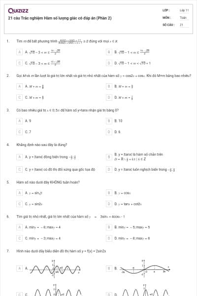 21 câu Trắc nghiệm Hàm số lượng giác có đáp án (Phần 2)