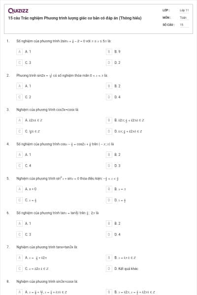 15 câu Trắc nghiệm Phương trình lượng giác cơ bản có đáp án (Thông hiểu)