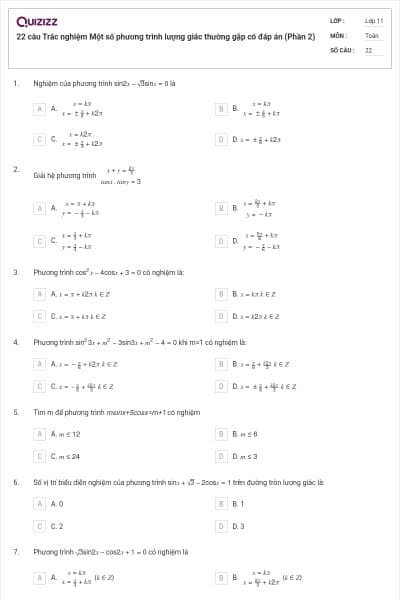 22 câu Trắc nghiệm Một số phương trình lượng giác thường gặp có đáp án (Phần 2)