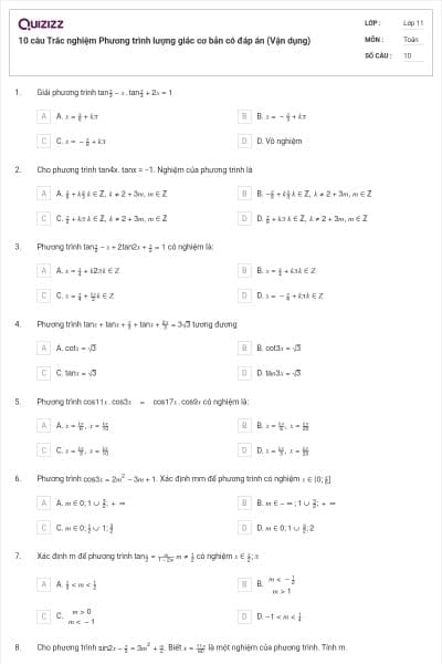 10 câu Trắc nghiệm Phương trình lượng giác cơ bản có đáp án (Vận dụng)