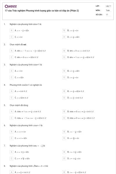 17 câu Trắc nghiệm Phương trình lượng giác cơ bản có đáp án (Phần 2)
