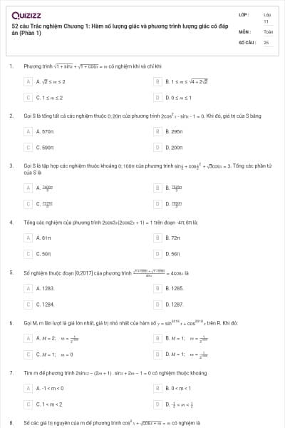 52 câu Trắc nghiệm Chương 1: Hàm số lượng giác và phương trình lượng giác có đáp án (Phần 1)