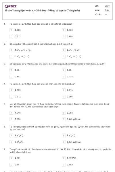 15 câu Trắc nghiệm Hoán vị - Chỉnh hợp - Tổ hợp có đáp án (Thông hiểu)