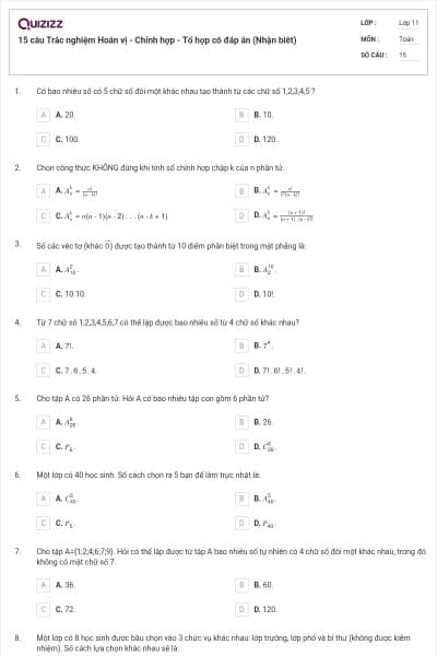 15 câu Trắc nghiệm Hoán vị - Chỉnh hợp - Tổ hợp có đáp án (Nhận biêt)