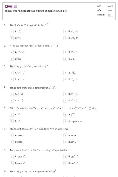 15 câu Trắc nghiệm Nhị thức Niu-tơn có đáp án (Nhận biết)