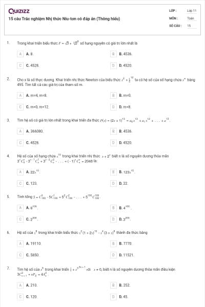 15 câu Trắc nghiệm Nhị thức Niu-tơn có đáp án (Thông hiểu)