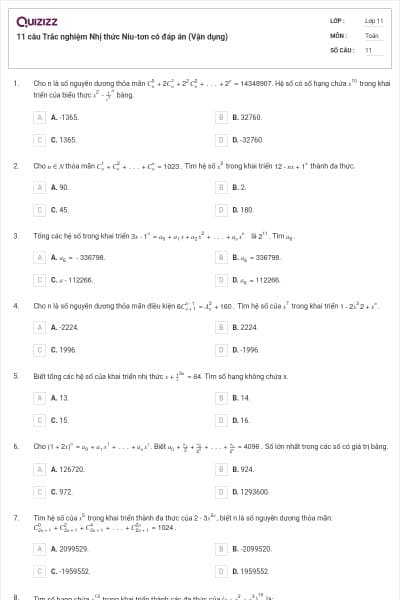 11 câu Trắc nghiệm Nhị thức Niu-tơn có đáp án (Vận dụng)