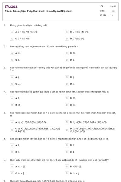 15 câu  Trắc nghiệm Phép thử và biến cố có đáp án (Nhận biết)