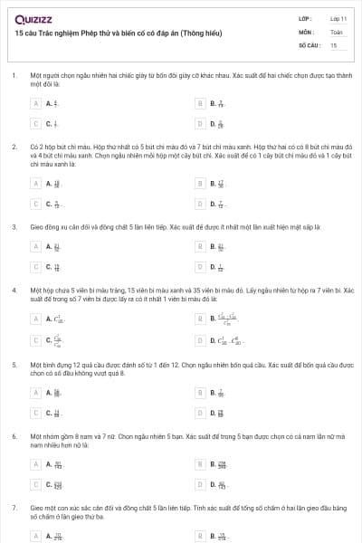 15 câu  Trắc nghiệm Phép thử và biến cố có đáp án (Thông hiểu)