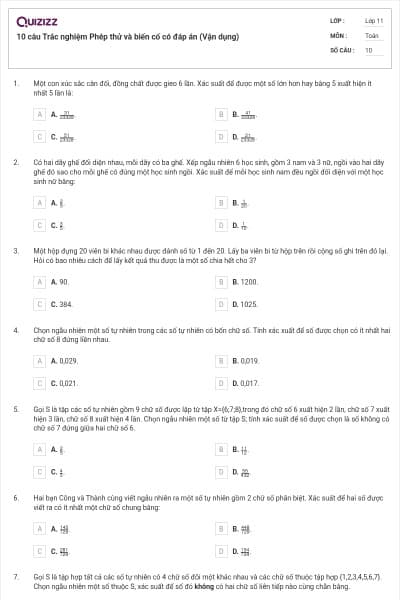 10 câu Trắc nghiệm Phép thử và biến cố có đáp án (Vận dụng)