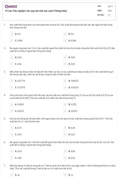 15 câu Trắc nghiệm Các quy tắc tính xác suất (Thông hiểu)