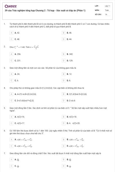 39 câu Trắc nghiệm tổng hợp Chương 2 : Tổ hợp - Xác suất có đáp án (Phần 1)