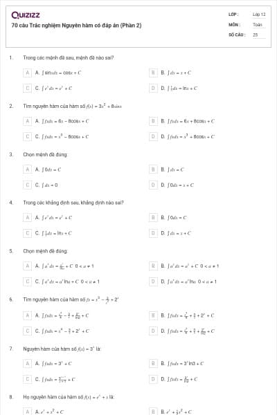 70 câu Trắc nghiệm Nguyên hàm có đáp án (Phần 2)