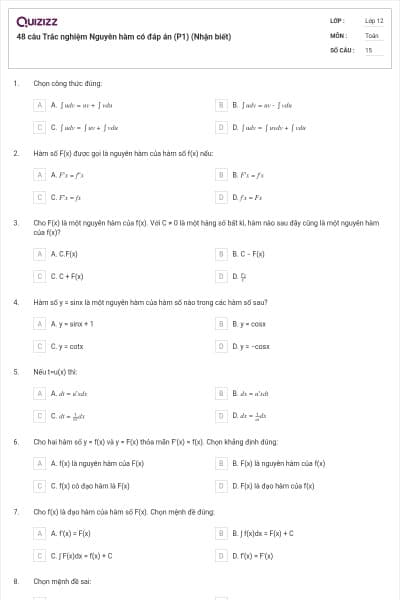 48 câu Trắc nghiệm Nguyên hàm có đáp án (P1) (Nhận biết)